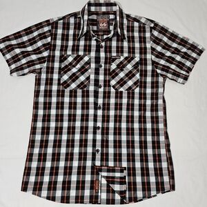 Dixxon Route 66 Plaid Button Up Shirt Mens M Black White Orange Bamboo Blend